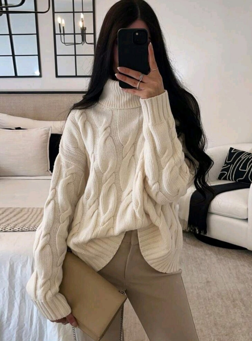 Elegant Vintage Women's Long Sleeve Cable Knit High Neck Loose Fit Sweater,